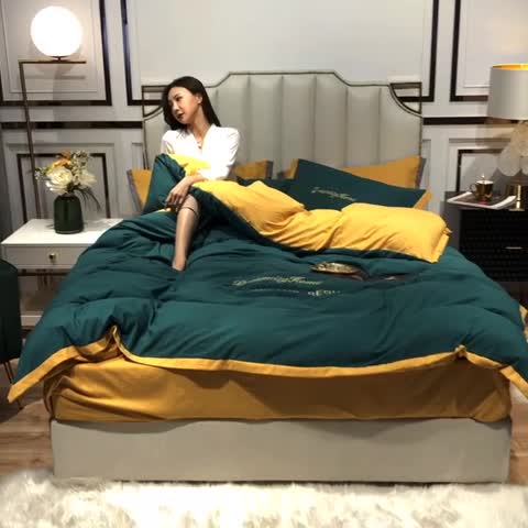 91家纺网 家纺一手货源 找家纺 索飞特 2021春夏新款高密度水洗棉宽边刺绣四件套 松石绿