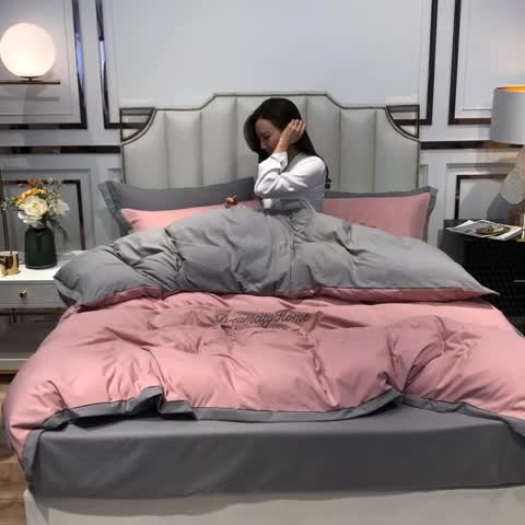 91家纺网 家纺一手货源 找家纺 索飞特 2021春夏新款高密度水洗棉宽边刺绣四件套 樱花粉