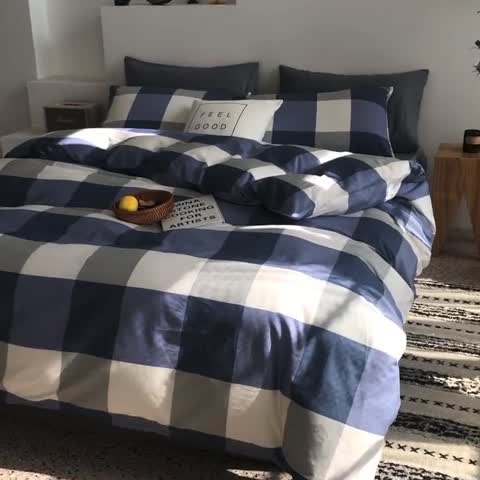 91家纺网 家纺一手货源 找家纺 简宜 2020新款纯棉四件套 蓝大格