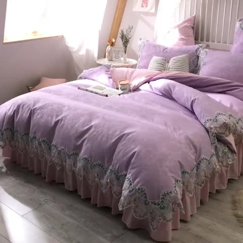 91家纺网 家纺一手货源 找家纺 绒世界 2021新品玫瑰秘密系列四件套床裙款玫瑰秘密-紫粉