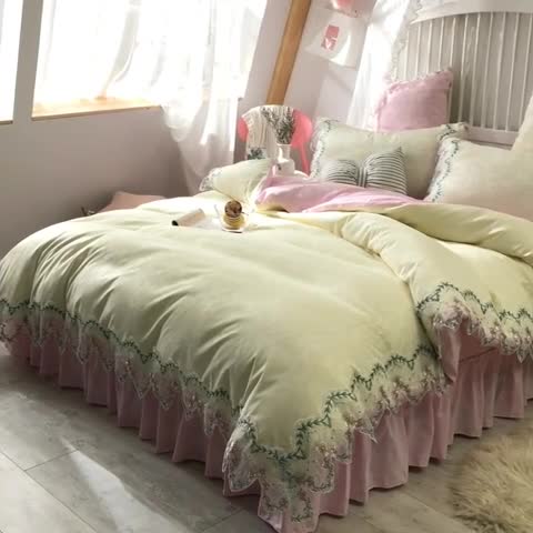 91家纺网 家纺一手货源 找家纺 绒世界 2021新品玫瑰秘密系列四件套床裙款玫瑰秘密-粉白
