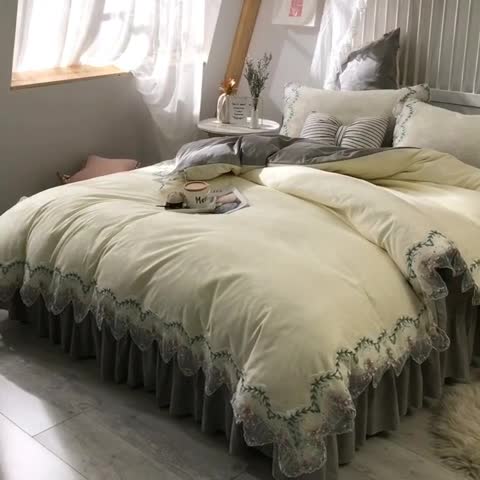 91家纺网 家纺一手货源 找家纺 绒世界 2021新品玫瑰秘密系列四件套床裙款玫瑰秘密+白灰