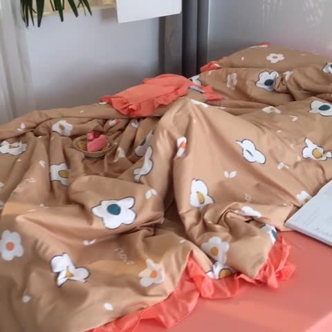 91家纺网 家纺一手货源 找家纺 意尚风情 2020年韩版夏被印花水洗真丝四件套 太阳花-驼