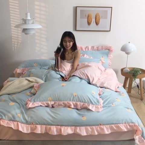 91家纺网 家纺一手货源 找家纺 意尚风情 2020年韩版印花水洗天丝四件套 南瓜（浅蓝）