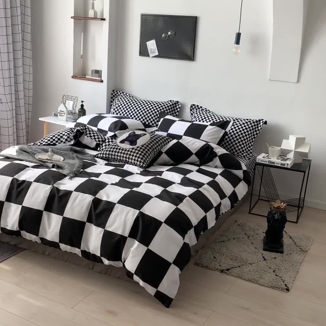 91家纺网 家纺一手货源 找家纺 艾佳 2025新款全棉经典黑白四件套床单款 米莱