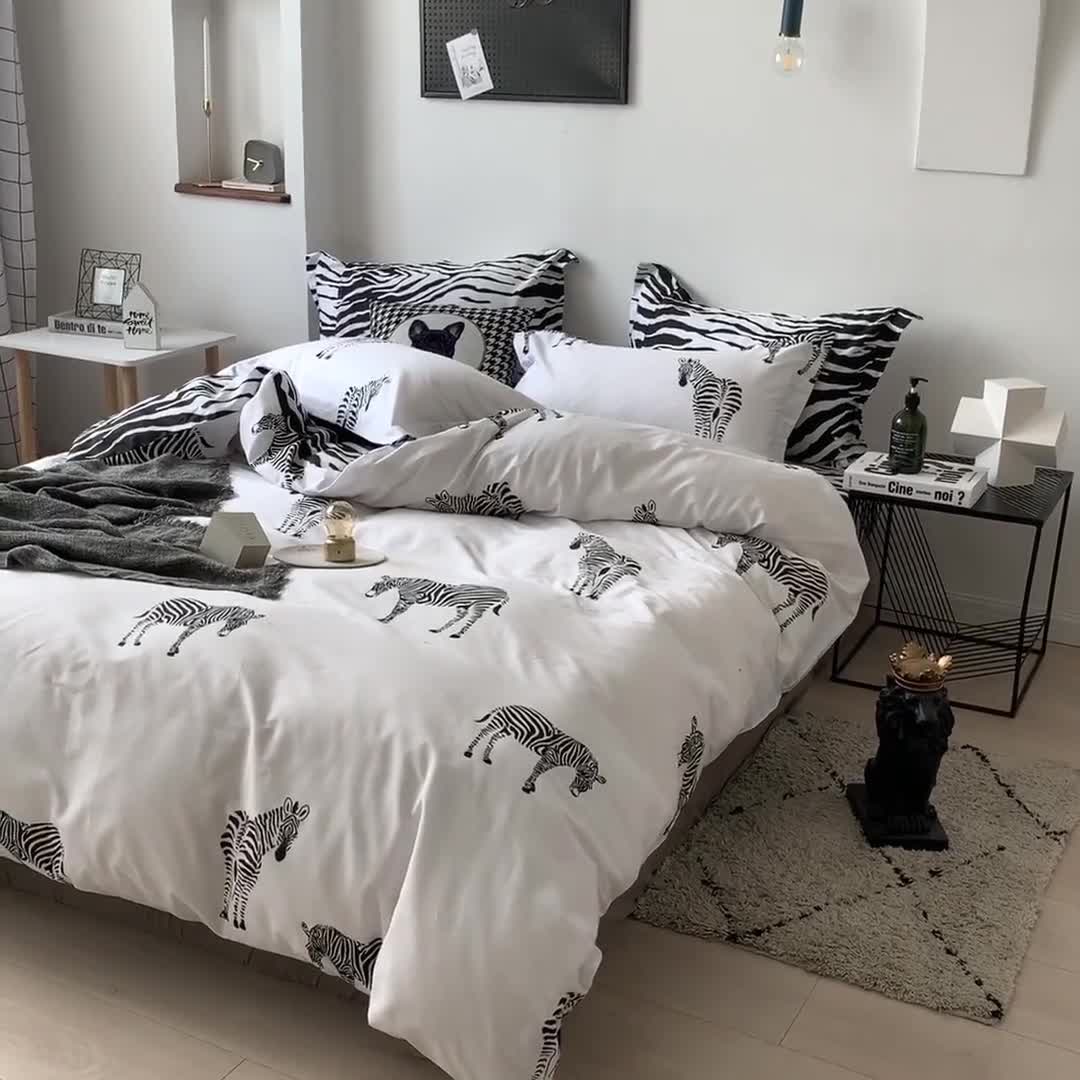 91家纺网 家纺一手货源 找家纺 艾佳  2025新款全棉经典黑白四件套床单款 斑马