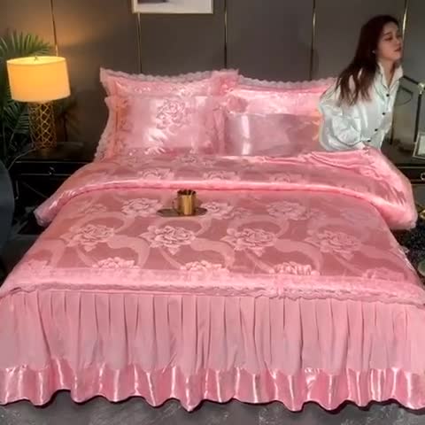 91家纺网 家纺一手货源 找家纺 美织缘家纺 2020床裙款莫代尔蕾丝花边贡缎四件套盛世相约-玉色