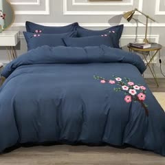 91家纺网 家纺一手货源 找家纺 13372田园风全棉毛巾绣四件套纯棉绣花全棉刺绣桃花朵朵藏青