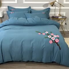 91家纺网 家纺一手货源 找家纺 13372田园风全棉毛巾绣四件套纯棉绣花全棉刺绣桃花朵朵湖蓝