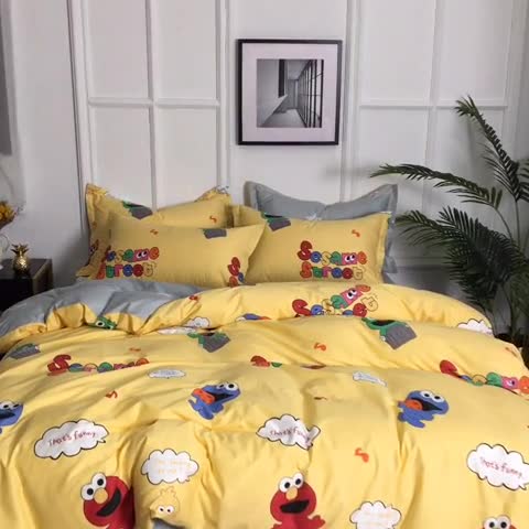 91家纺网 家纺一手货源 找家纺 星期三 2020春夏新款13372四件套（加老板微信有会员价） 芝麻街-黄