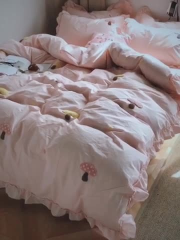 91家纺网 家纺一手货源 找家纺 淑女公社 2020新款毛巾绣四件套 小蘑菇淡粉