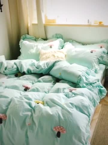 91家纺网 家纺一手货源 找家纺 淑女公社 2020新款毛巾绣四件套 小蘑菇-嫩绿