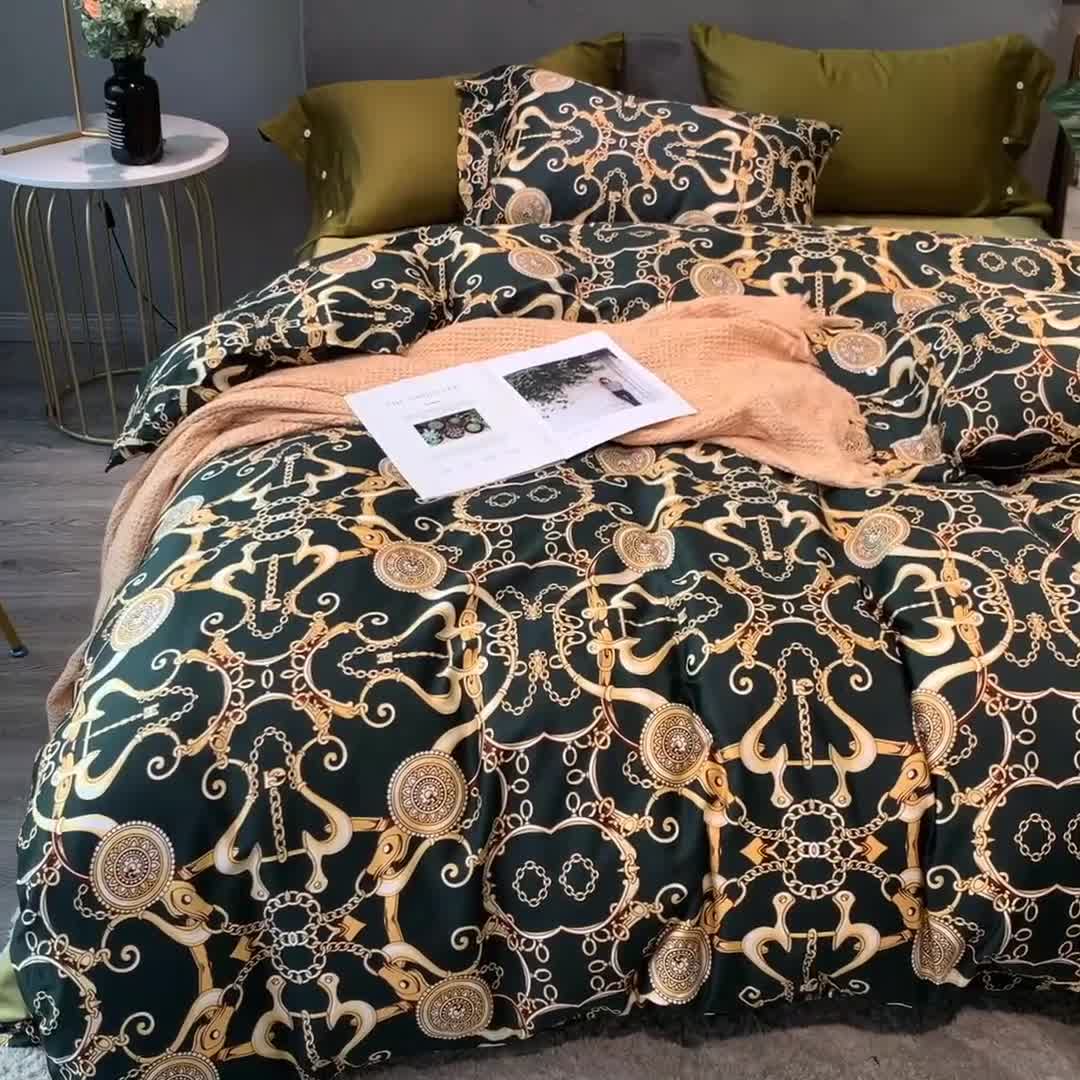 91家纺网 家纺一手货源 找家纺 优然居 2020新款60S长绒棉活性印花四件套 温格拉墨绿