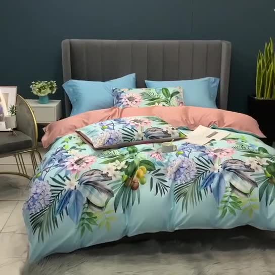 91家纺网 家纺一手货源 找家纺 优然居2020新款60S长绒棉贡缎数码印花嵌绳四件套盛夏光年