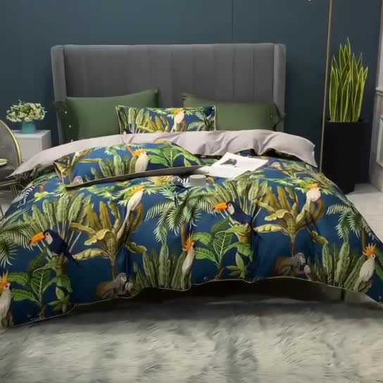 91家纺网 家纺一手货源 找家纺 优然居 2020新款60S长绒棉贡缎数码印花嵌绳四件套摩卡蓝