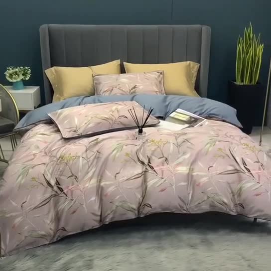 91家纺网 家纺一手货源 找家纺 优然居2020新款60S长绒棉贡缎数码印花嵌绳四件套漫叶迷莎