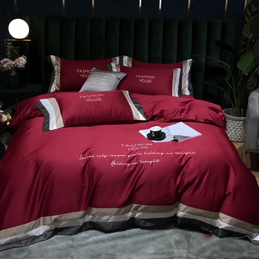 91家纺网 家纺一手货源 找家纺 爱缦 2020新款双面60S长绒棉绣花拼接款四件套 酒红