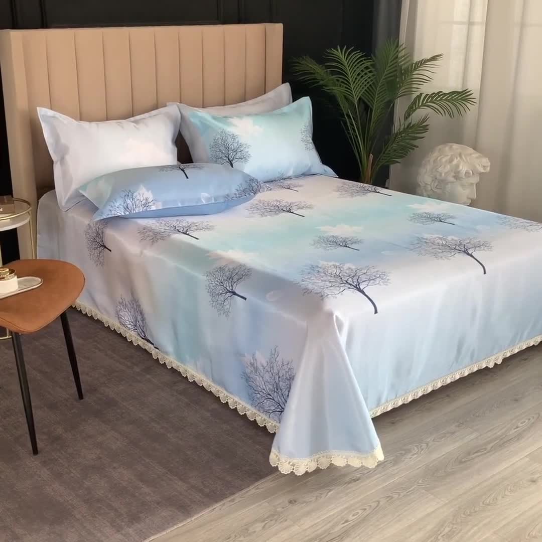 91家纺网 家纺一手货源 找家纺 棉生活2020春夏新品600D冰丝软凉席三件套 花枝雅韵-蓝