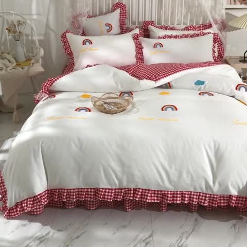 91家纺网 家纺一手货源 找家纺 欧冠家纺 2020新款毛巾绣色织四件套 彩虹-富贵红