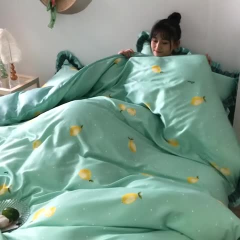 91家纺网 家纺一手货源 找家纺 欧冠 2020新款水洗真丝蕾丝花边款四件套 柠檬派对