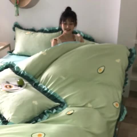 91家纺网 家纺一手货源 找家纺 欧冠 2020新款水洗真丝蕾丝花边款四件套 牛油果