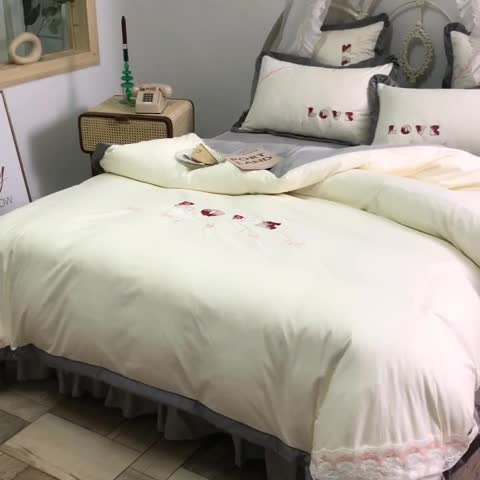 91家纺网 家纺一手货源 找家纺 欧冠 2020新款水洗棉公主风四件套 挚爱-白灰