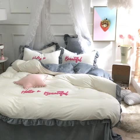 91家纺网 家纺一手货源 找家纺 欧冠 秋冬绒款花边款和毛巾绣四件套床单款 毛巾绣-灰白