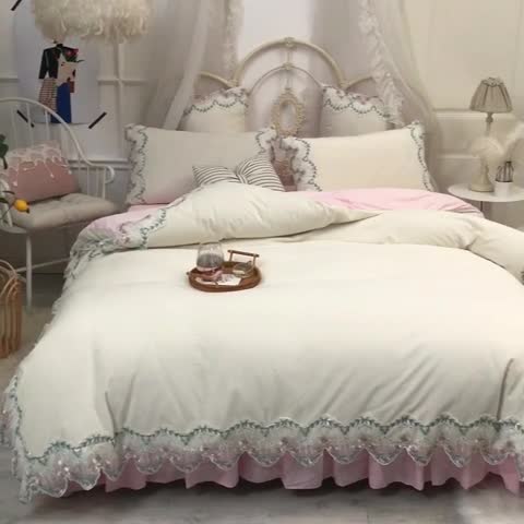 91家纺网 家纺一手货源 找家纺 欧冠 秋冬绒款花边款和毛巾绣四件套床裙款 花边款-白粉