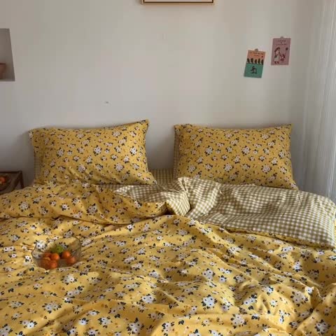 91家纺网 家纺一手货源 找家纺 星期八 2020新款13070全棉四件套亲子系列 黄色小花