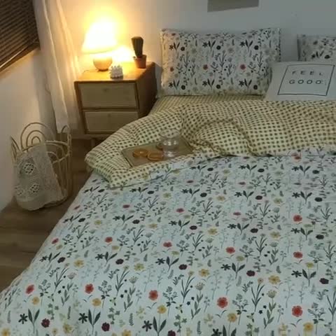 91家纺网 家纺一手货源 找家纺 感遇家纺 2020新款全棉小清新卡通四件套 花丛