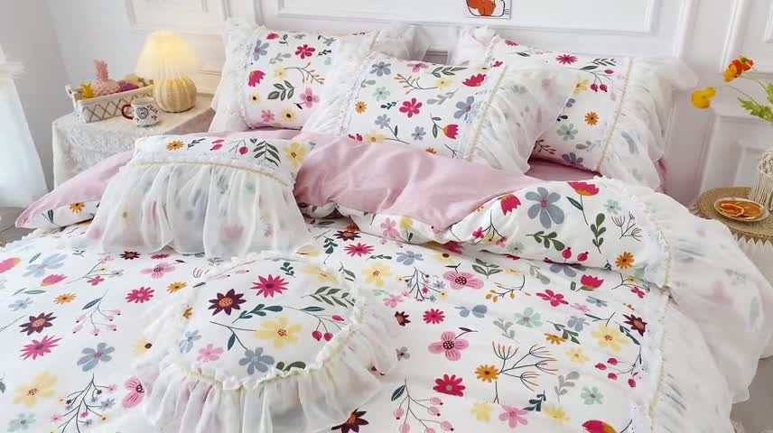 91家纺网 家纺一手货源 找家纺 （总）亲亲公主新款全棉韩版印花仙女款公主风床裙四件套花舞风情