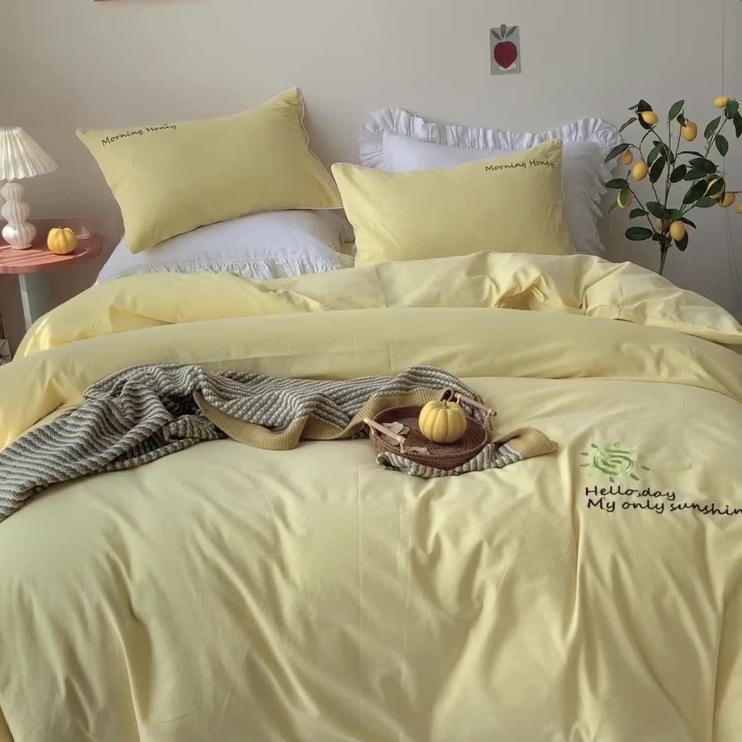91家纺网 家纺一手货源 找家纺 玛奇朵 2021新品刺绣款纯棉色织水洗棉四件套 嫩黄