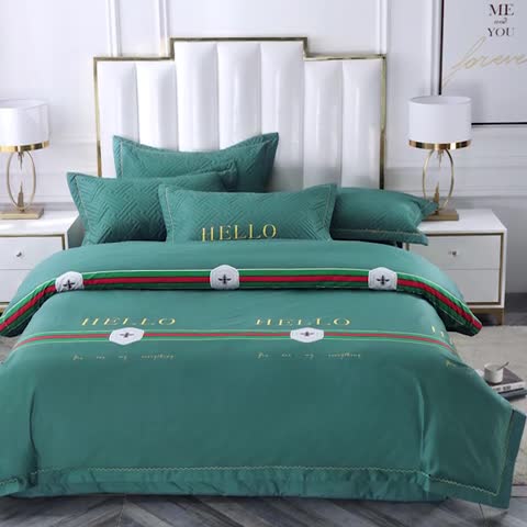 91家纺网 家纺一手货源 找家纺 OL新款13372全棉床盖夹棉四件套活性印染居家套件你好-绿