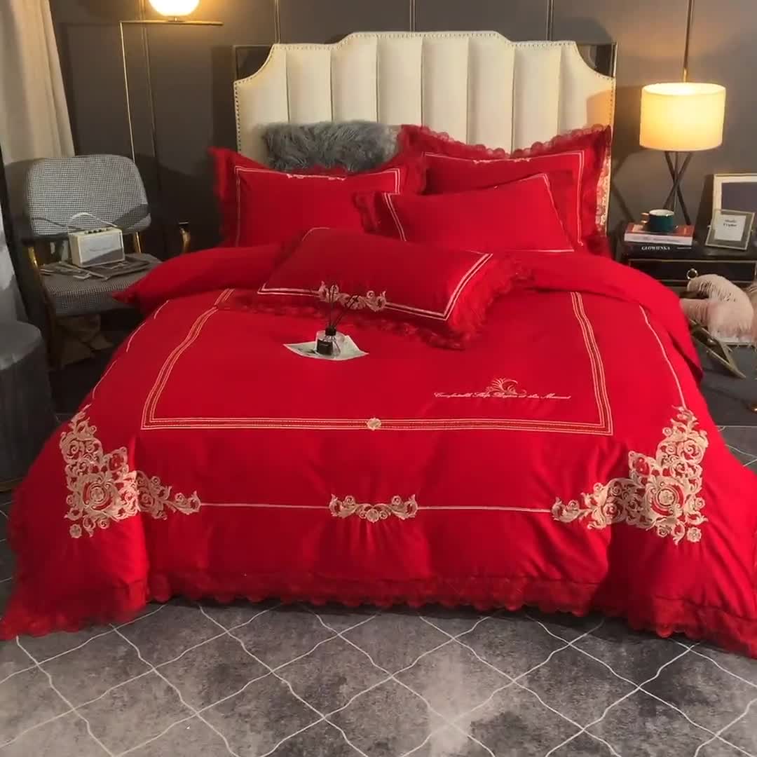 91家纺网 家纺一手货源 找家纺 唐人居 2025新款50支长绒棉四件套 米兰仲夏-大红