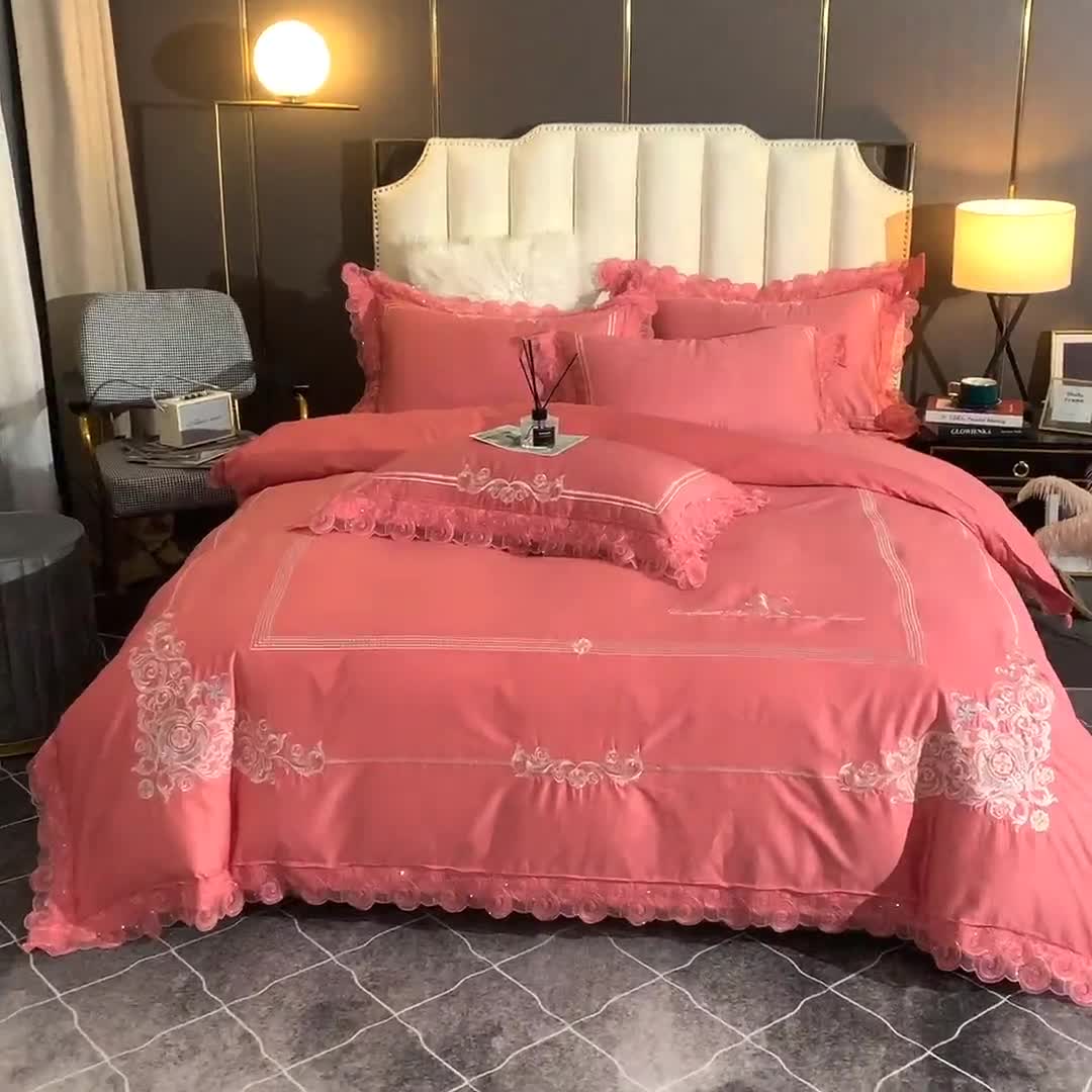 91家纺网 家纺一手货源 找家纺 唐人居 2025新款50支长绒棉四件套 米兰仲夏-红玉