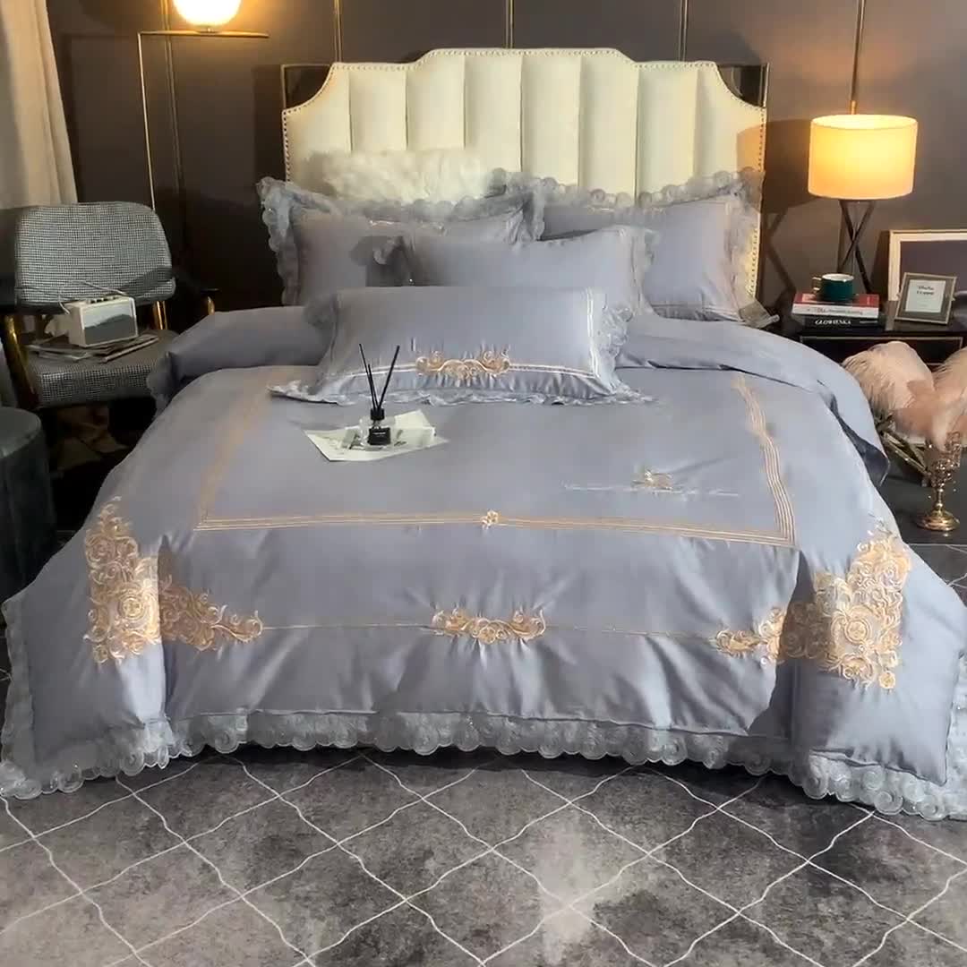 91家纺网 家纺一手货源 找家纺 唐人居 2025新款50支长绒棉四件套 米兰仲夏-银灰