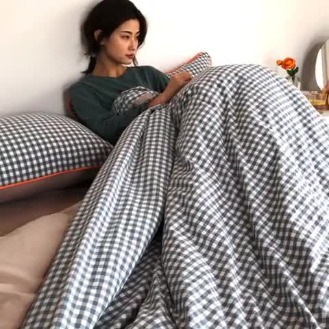 91家纺网 家纺一手货源 找家纺 棉眠2020夏季新款32支色织水洗棉四件套 小蓝格