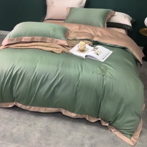 91家纺网 家纺一手货源 找家纺 优悦 2020新款40s长绒棉刺绣款全棉四件套 棚拍图-水漾绿