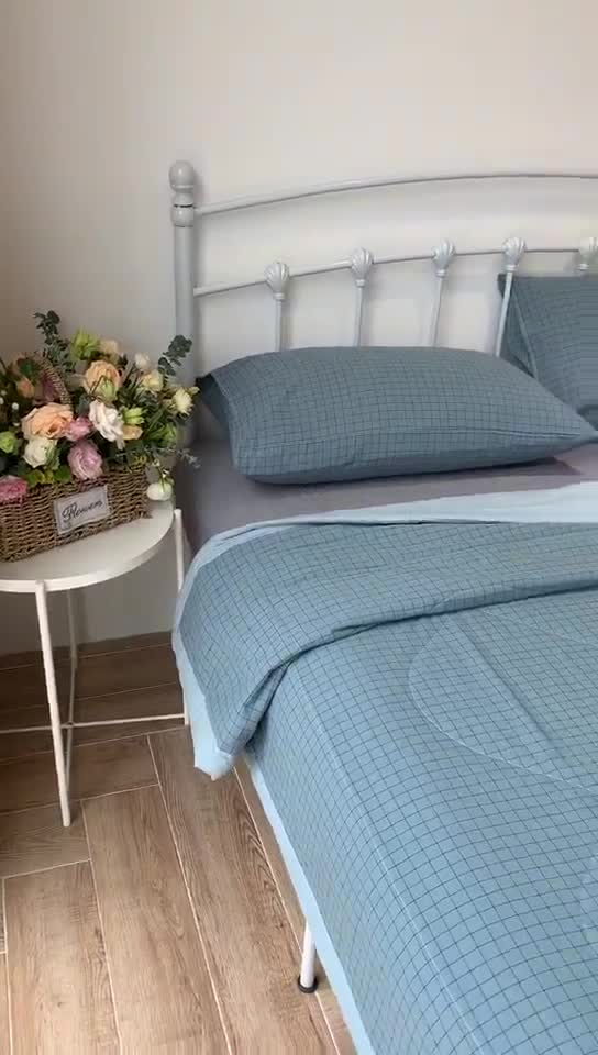 91家纺网 家纺一手货源 找家纺 久典家居 2020新款色织水洗棉夏被 蓝格