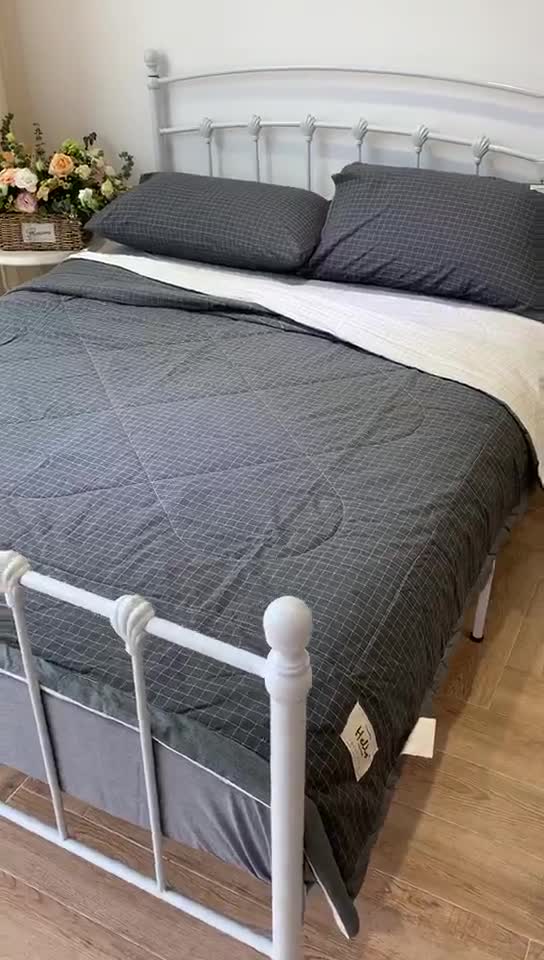 91家纺网 家纺一手货源 找家纺 久典家居 2020新款色织水洗棉夏被 深灰格（B版白格）