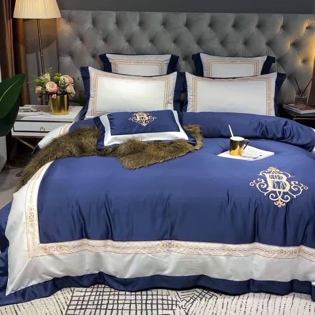 91家纺网 家纺一手货源 找家纺 安妮家居 2020新款TB大牌风贡缎全棉四件套影棚图 藏蓝