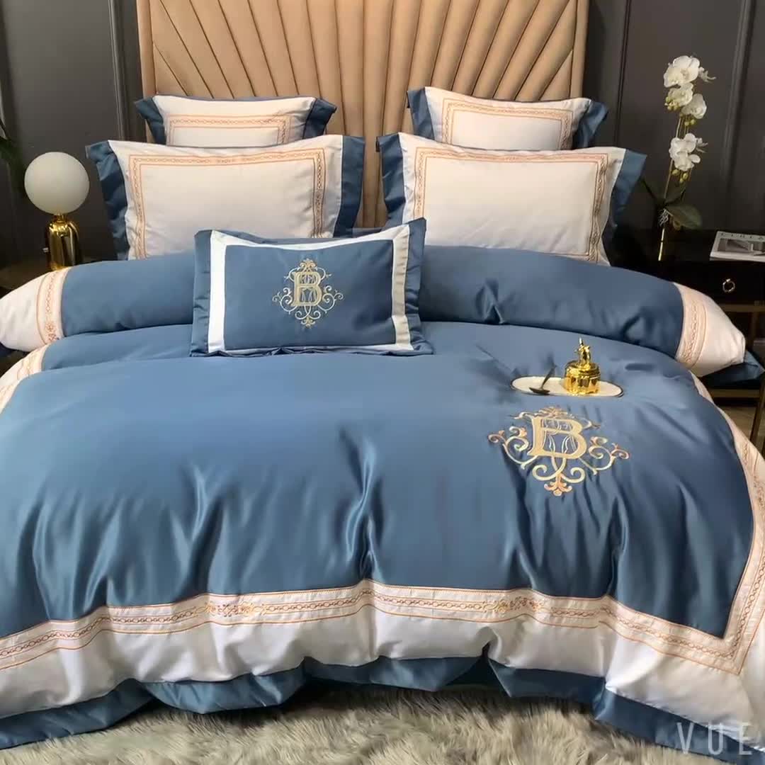 91家纺网 家纺一手货源 找家纺 安妮家居 2020新款TB大牌风贡缎全棉四件套实拍图 宾利蓝