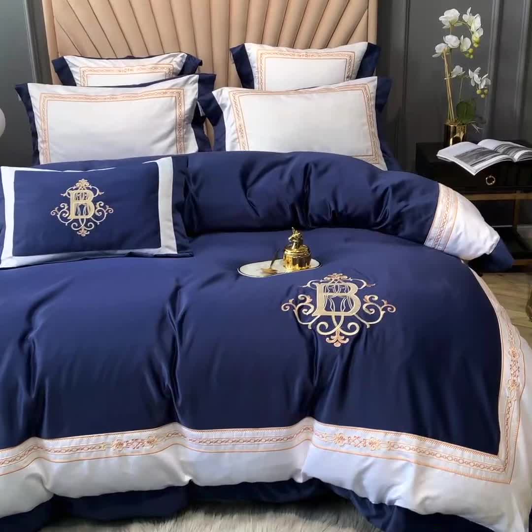 91家纺网 家纺一手货源 找家纺 安妮家居 2020新款TB大牌风贡缎全棉四件套实拍图 藏青