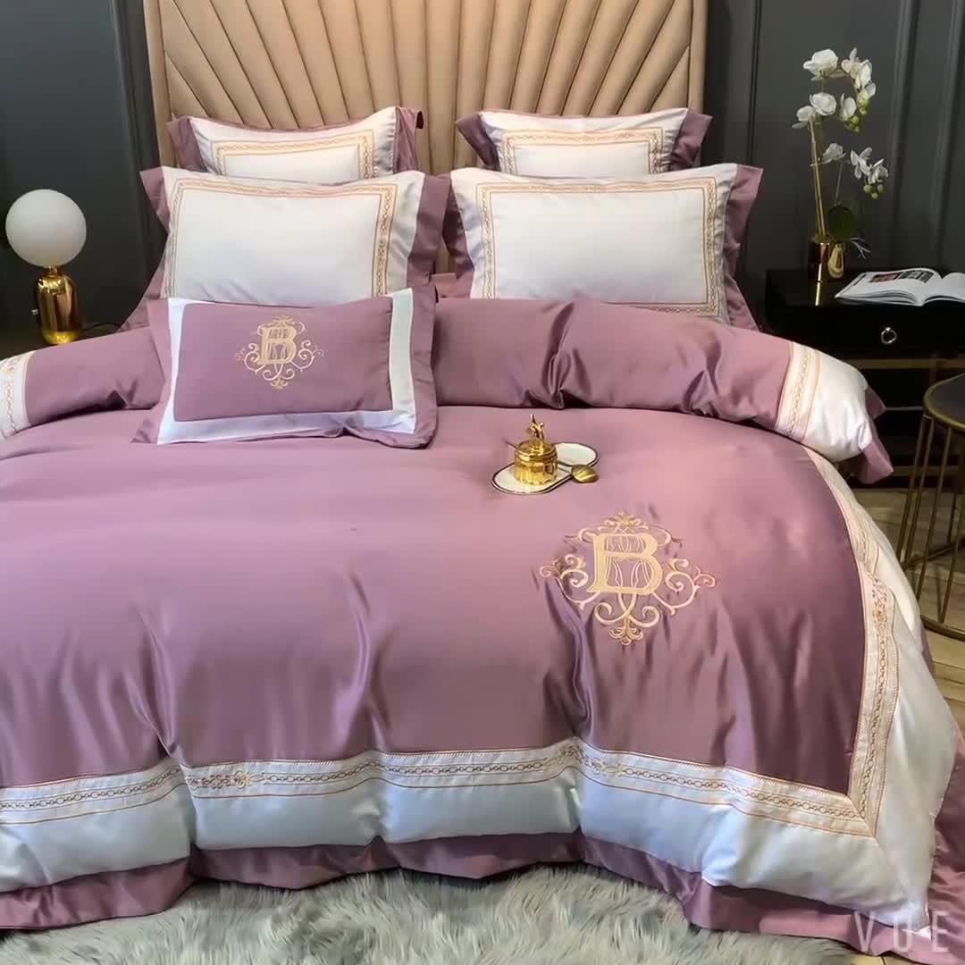 91家纺网 家纺一手货源 找家纺 安妮家居 2020新款TB大牌风贡缎全棉四件套实拍图 豆沙紫