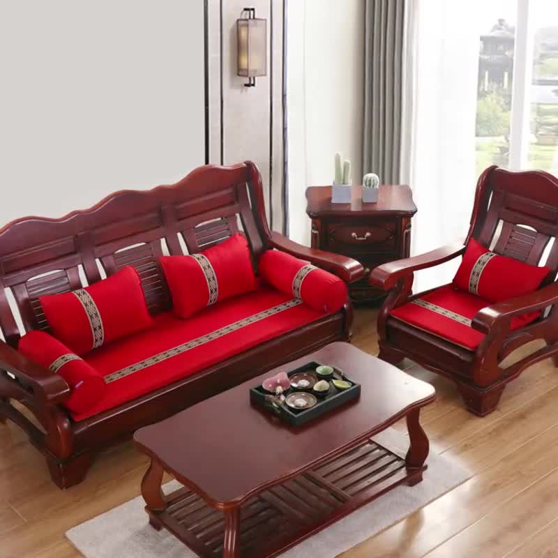 91家纺网 家纺一手货源 找家纺 幸运家纺 2020新款新中式木沙发垫子 深红
