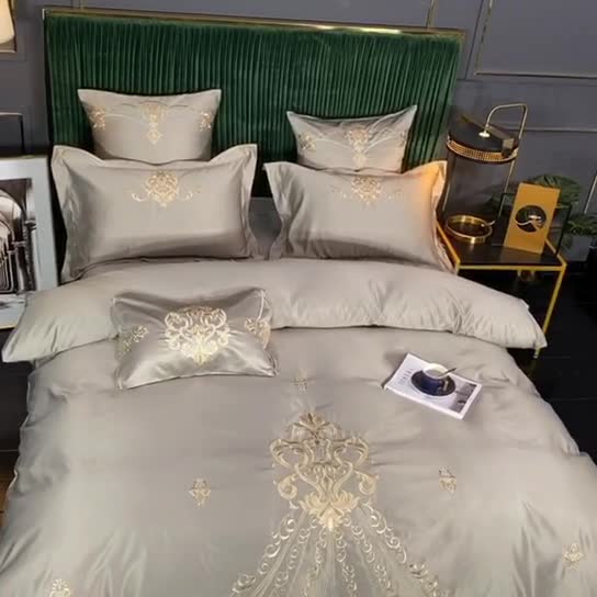 91家纺网 家纺一手货源 找家纺 宅家居60支贡缎真臻品丝B版纯棉刺绣卡瑞娜系列四件套 贵族灰