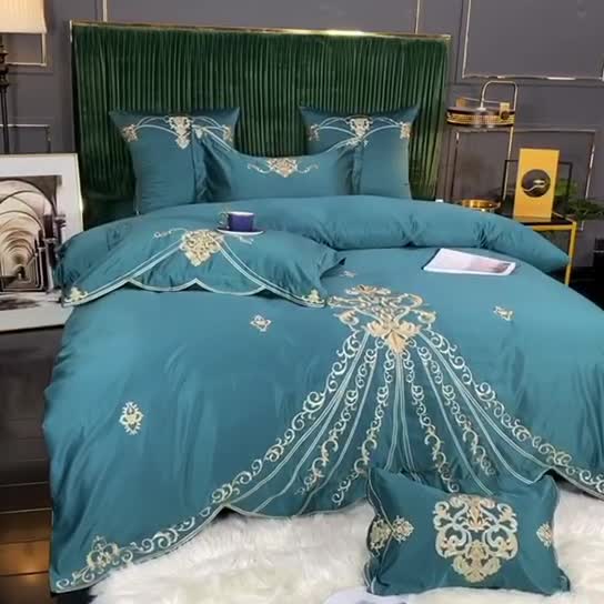 91家纺网 家纺一手货源 找家纺 宅家居60支贡缎真臻品丝B版纯棉刺绣卡瑞娜系列四件套 孔雀绿