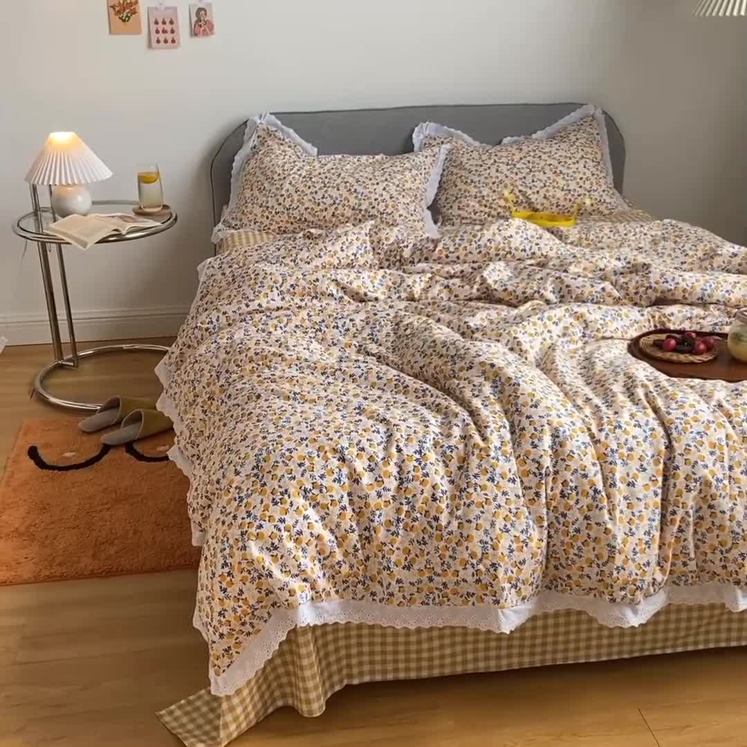 91家纺网 家纺一手货源 找家纺 艾沁 2020新款韩国刺绣花边小碎花纯棉四件套 橘落