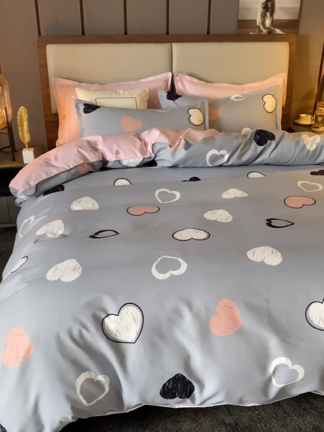 91家纺网 家纺一手货源 找家纺 130g新款生态长绒棉贡棉植物羊绒加厚斜纹磨毛四件套心动连连