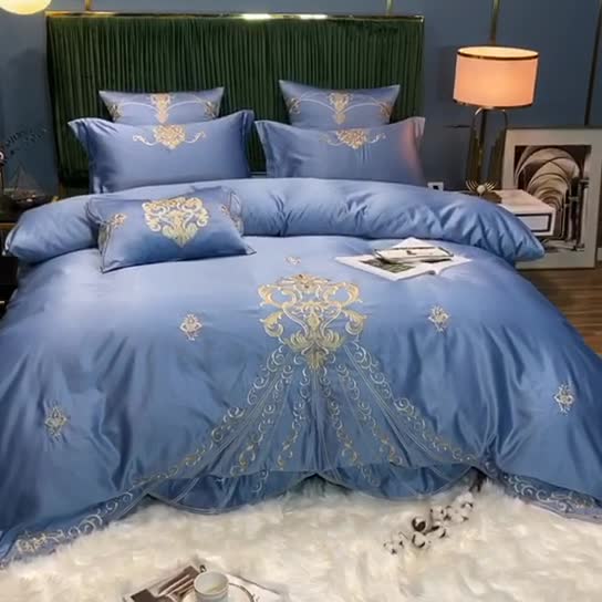 91家纺网 家纺一手货源 找家纺 宅家居60支贡缎真臻品丝B版纯棉刺绣卡瑞娜四件套实拍 卡瑞娜 -宾利蓝